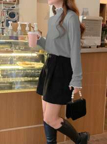 DAZY Women High Collar Ruffle Trim Long Sleeve Solid Color Knitted Base T-Shirt,Fall Clothes - Grey - View 5