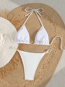 SHEIN Swim Springbreak Textured Fabric Halter Sexy Bikini 2 Pieces Set, Metal Decor Beach Vacation Casual Refreshing Pool Party Swimwear For Women - White - View 5