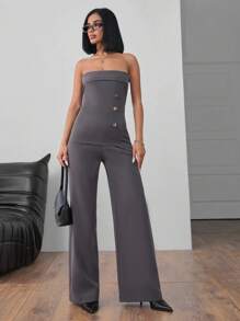 EURMUSE Women's Solid Gold Button Detailed Suit Set - Grey - View 5