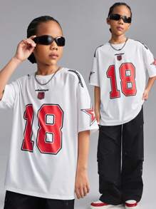 SHEIN Tween Girls Spring/Summer Streetwear Blokecore Football Red Number Letter Print Tee