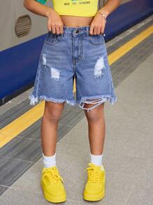 SHEIN Y2K Spring Summer Break Tween Girl's Distressed Ripped Frayed Edge Denim Jeans Long Shorts,Summer Boho Beach Holiday Concert Rave Outfits - Medium Wash - View 7
