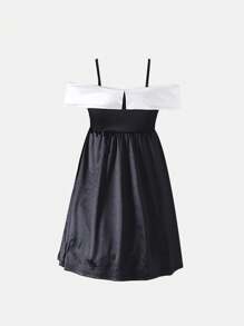 SHEIN 优雅时尚简约露肩无袖高腰撞色蝴蝶结设计少女夏季连衣裙 - 黑色 - 查看 2