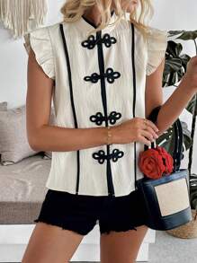 SHEIN Raffinéa Áo cánh kiểu Trung Quốc thanh lịch màu khối cho nữ, tay lỡ, thiết kế nút bấm - Màu be - Xem 4
