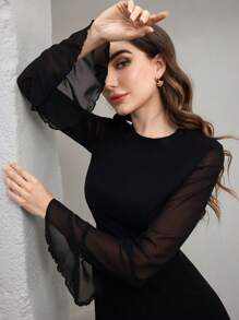 Graceveil 设计别致的喇叭袖紧身连衣裙 - 黑色 - 查看 5