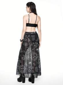 ROMWE Goth 3pcs/Set Women's Swimwear, Moon & Star Hand Painted Graphic Bikini Set With Bra & Swimming Brief & Long Cover-Up Skirt Swimwear, Summer Beach Vacation, Halloween - Black and White - View 2