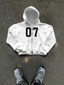 Manfinity VCAY Men's Knitted Casual Daily Loose Numeric Print Open Front Long Sleeve Hooded Sweatshirt Jacket - White - View 1