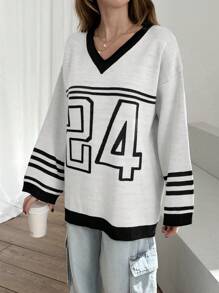 EURMUSE Casual V Neck Loose Fit Drop Shoulder Numeric Pattern Long Sleeve Sweater For Autumn Winter - White - View 4