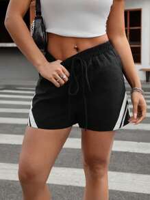 Hanevo Women Casual Minimalist Contrast Striped Shorts Sportwear For Daily Wear - Black - View 4