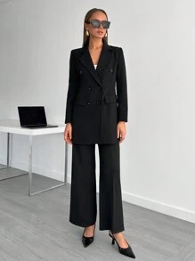 EURMUSE Elegant Style, Premium Quality, Double Breasted Jacket With Straight Fit Pant Set - Black - View 3