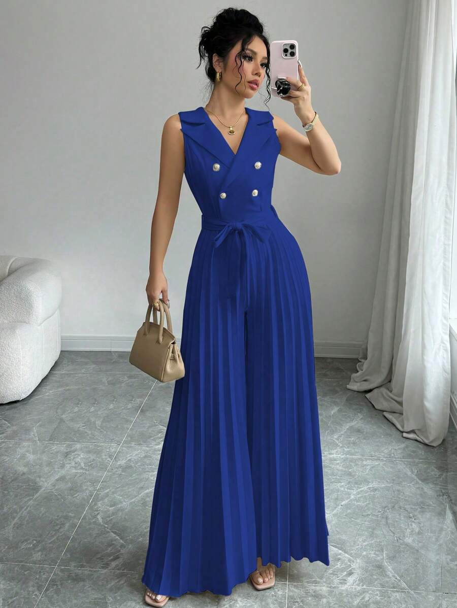 Elenzga 女士优雅双排扣设计杏色褶皱连体裤，春秋 - 寶藍色 - 查看 1