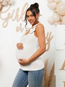 Loomaby Maternity Shoulder Strap 3D Floral Decor Camisole & Gender Reveal Dress, For Baby Shower Party - White - View 3