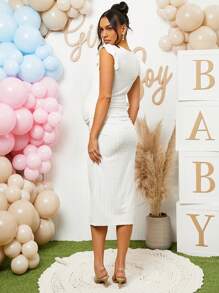 Loomaby Pregnant Women Elegant Solid Color Textured Cap Sleeve Dress - White - View 2