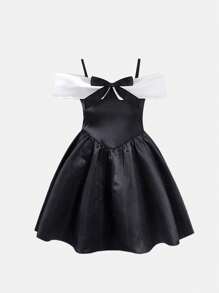 SHEIN 优雅时尚简约露肩无袖高腰撞色蝴蝶结设计少女夏季连衣裙 - 黑色 - 查看 3