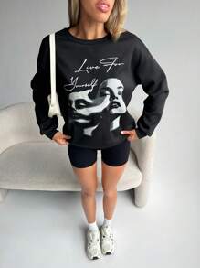 SHEIN Essnce Women's Casual Letter & Figure Print Round Neck Drop Shoulder Long Sleeve Sweatshirt In Fall/Winter - Black - View 1