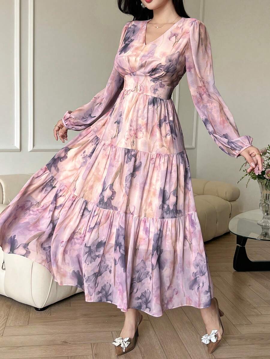 DAZY Women's Tie-Dye Print V-Neck Long Sleeve Ruffle Hem Elegant Dress,Fall Dress Vacation Outfits Women Floral - Purple - View 1