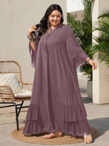 Mulvari 大码假日休闲纯色荷叶边下摆连衣裙 - 淺灰紫 - 查看 6