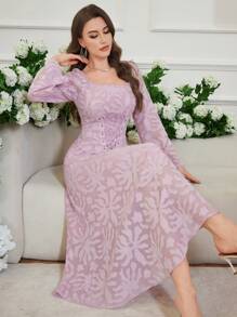 Modelyn Drawstring Trumpet Sleeve Lined Dress - Dusty Pink - View 7