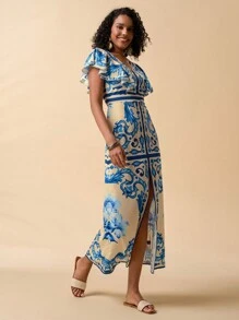 Travachic Women's Floral Print Ruffle Hem Slit Dress,Vacation Outfits Woman,Sundresses For Vacation,Beach Vacation Outfits,Tropical Vacation Woman Clothes,Summer Outfits For Women,Sundress, - Blue - View 6