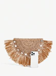 SHEIN SXY Ladies, Women Clutchs, Straw Bag, Fashionable, Elegant, Simple, Personalized, Versatile, Tassels, Diamonds, For Beach, Vacation, Holiday, Summer, Seaside