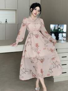 DAZY Women Floral Print Ruffle Collar Puff Sleeve Mid-Length Dress,Fall Dress Long Sleeve Dress - Pink - View 8