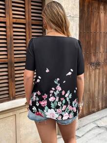 Flirla Große Größen Boho Vintage romantische Bluse mit floraler Spitze und asymmetrischem Ausschnitt, Kurzarm, Frühling/Sommer - Schwarz - Übersicht 2