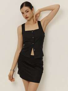 Poéselle 女士金属环装饰裙亚麻裙休闲度假女裙黑色裙子女士纯色简约休闲日常穿搭裙夏季女装女裙波西米亚风海滩女装春装女装夏季女装牛仔女装下装 Y2k 海滩裙