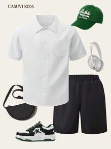 SHEIN Explorewe Conjunto casual de 2 piezas para adolescentes: camisa blanca con cuello y estampado musical en la espalda, y pantalones cortos negros, atuendo para festival de música - Blanco - Ver 2