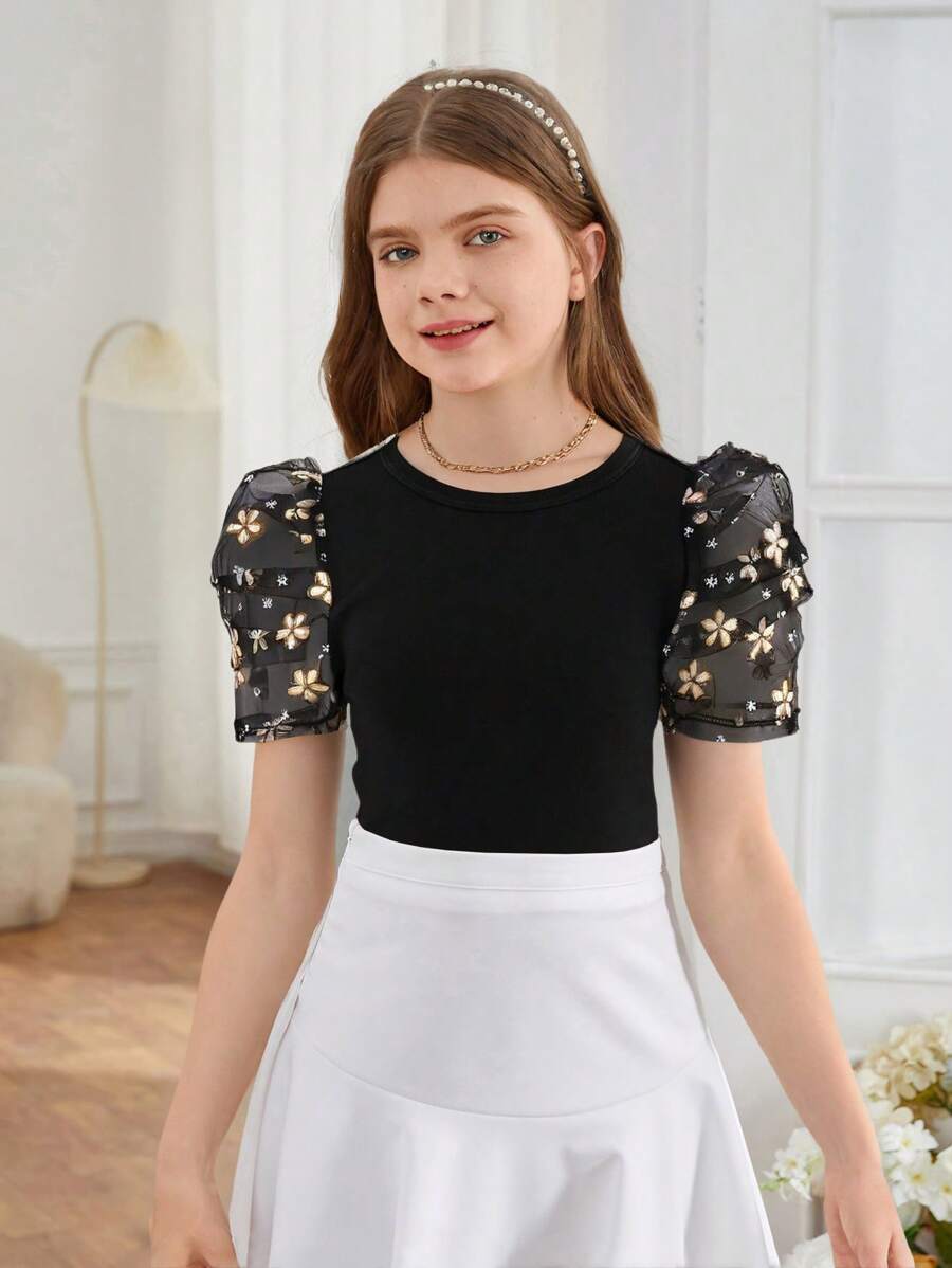 SHEIN Blusa casual de malha e malha bordada com patchwork para meninas pré-adolescentes e gola redonda