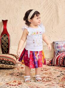 SHEIN Babygirl Cute Cartoon & Floral Print Knit Top And Mini Skirt 2pcs Set, Summer - Multicolor - View 5