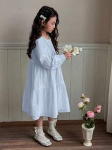 DAZY Long A-Line Lace Patchwork Solid Color Round Neck Long Sleeve Tween Girl Dress - Baby Blue - View 6
