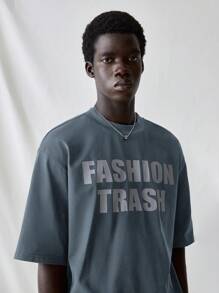 Manfinity VCAY Men's Knit Casual Daily Young Loose Short Sleeve T-Shirt With English Graphic Print - Grey - View 3