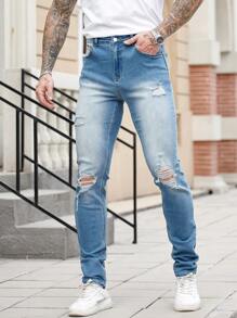 Manfinity Homme 男式休闲修身破洞口袋蓝色牛仔裤 - 淺色水洗藍 - 查看 7