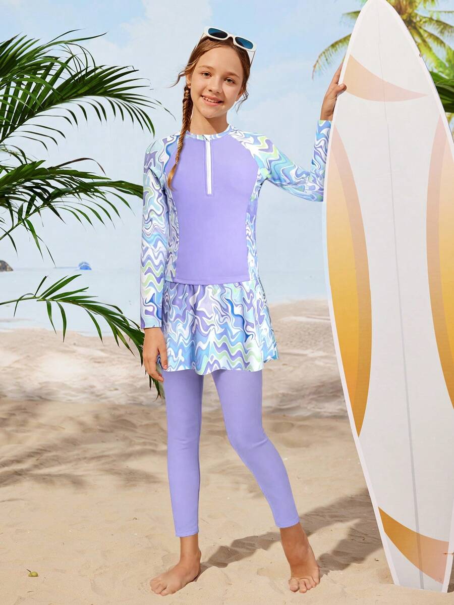2pcs/Set Girls Tankini With Long Sleeve Top & Patterned Pants, Outfit - Multicolor - View 1