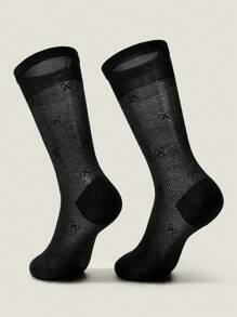 Muvela Chaussettes montantes couleur unie brodées pour femmes, décontractées pour un port quotidien - Noir - Voir 3