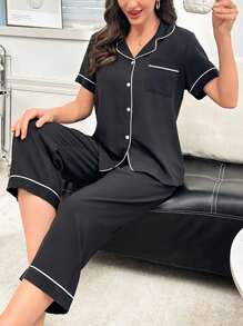 女士泡泡雪纺翻领纽扣睡衣套装 - 黑色 - 查看 4