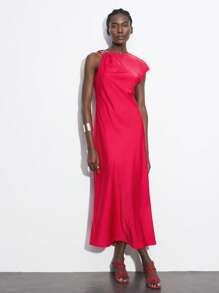 Maija Women's Red Summer Dress With Asymmetrical Sleeve Length, Shoulder Twist Metal Decor, Elegant Solid Color Satin Crepe Fabric, Asymmetric Neckline, Fashion Versatile For Holiday, Party, Music Festival