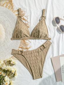 女士沙滩装，纹理面料不对称金属装饰比基尼女士泳装套装，海滩度假休闲泳装，适合夏季海滩度假