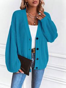 SHEIN LUNE Spring/Summer Casual White Lantern Sleeve Button Front Ribbed Loose Knit Cardigan - Teal Blue - View 4