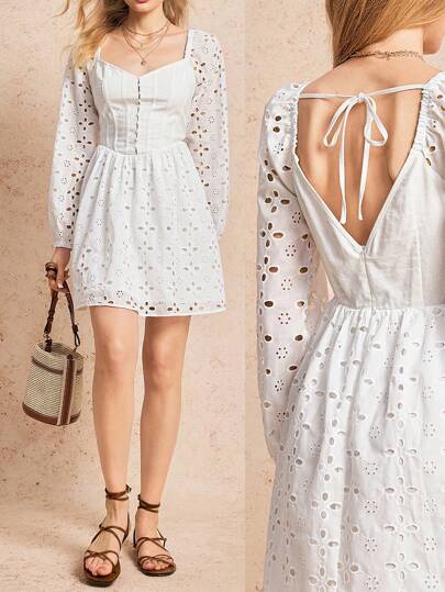 Poéselle 女士甜心领长袖刺绣系带短款迷你连衣裙，适合情人节