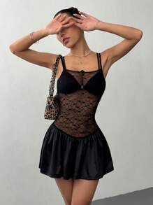 Flirla Vestido corto para mujer estilo minimalista de bailarina con tirantes de spaghetti, encaje floral de rosa negra, para primavera/verano - Negro - Ver 5