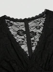 SHEIN Unity Plus Size Romantic Lace Patchwork Long Sleeve Casual Jumpsuit - Black - View 4