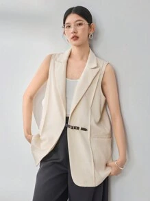 Dazy-Less 1pc Women's Business Casual Asymmetric Design Vest Style Blazer With Belt Old Money Style