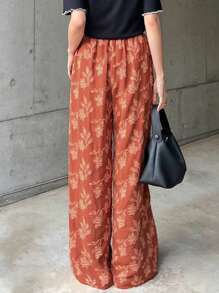 FRIFUL Women High Waist Long Pants Floral Print Vacation Style Trousers, Summer - Orange - View 5