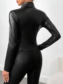 Chiquease Women's Fitted Black PU Leather Front Zip Cropped Jacket - Black - View 2