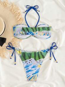 SHEIN Swim 2pcs/Set Printed Padded Halter Bikini Top Gold Metal Decor Side Tie Up Bikini Bottom, For Summer Vacation - Multicolor - View 5