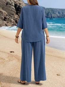 EMERY ROSE Set de 2 piezas para mujer de talla grande: camisa con bajo en V sólido y pantalones