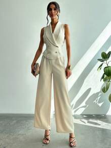 Firerie 女士春季优雅浪漫时尚办公室通勤杏色无袖上衣+宽松阔腿裤两件套，适合派对、旅行、返校、浪漫约会和婚礼生日、情人节女装 - 白色 - 查看 2