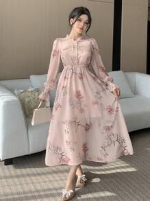 DAZY Women Floral Print Ruffle Collar Puff Sleeve Mid-Length Dress,Fall Dress Long Sleeve Dress - Pink - View 1
