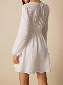Poéselle Women Solid Color V-Neck Lantern Sleeve Ruched Waist Dress