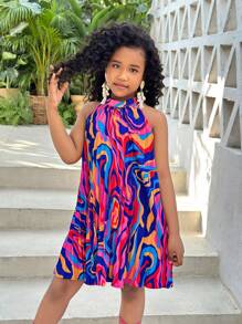 SHEIN Tween Girls' Colorful Pattern Pleated Sleeveless Halter Neck Chiffon Dress For Vacation
